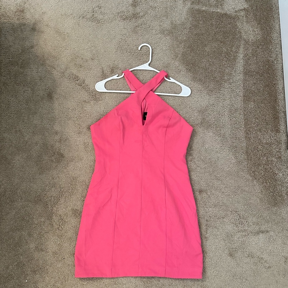 Hot Pink crossed neck line bodycon dress